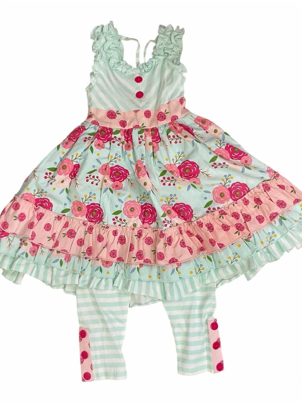 NEW Serendipity Mint Green Bloom Ruffled Dress and Striped Leggings Size 4T
